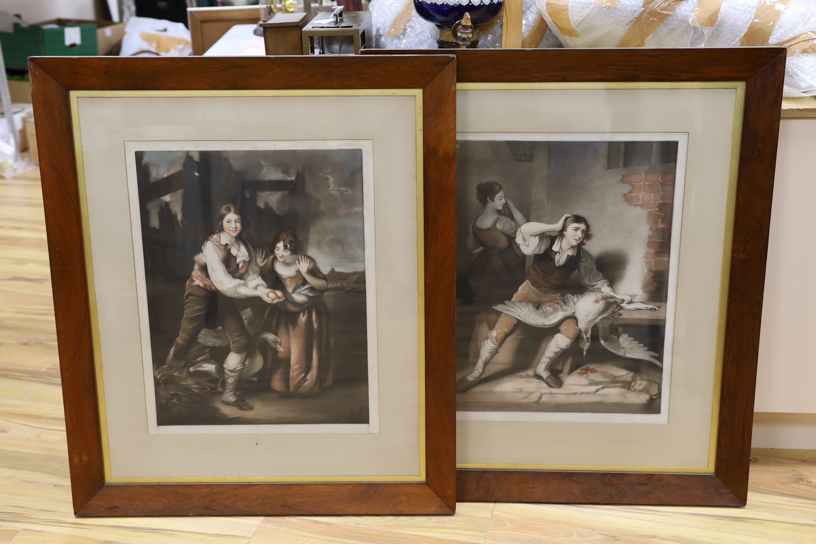 John Young after Richard Morton Paye, pair of colour mezzotints, 'The boy discovering the golden eggs' and 'The boy disappointed of his treasure', 61 x 47cm, rosewood framed